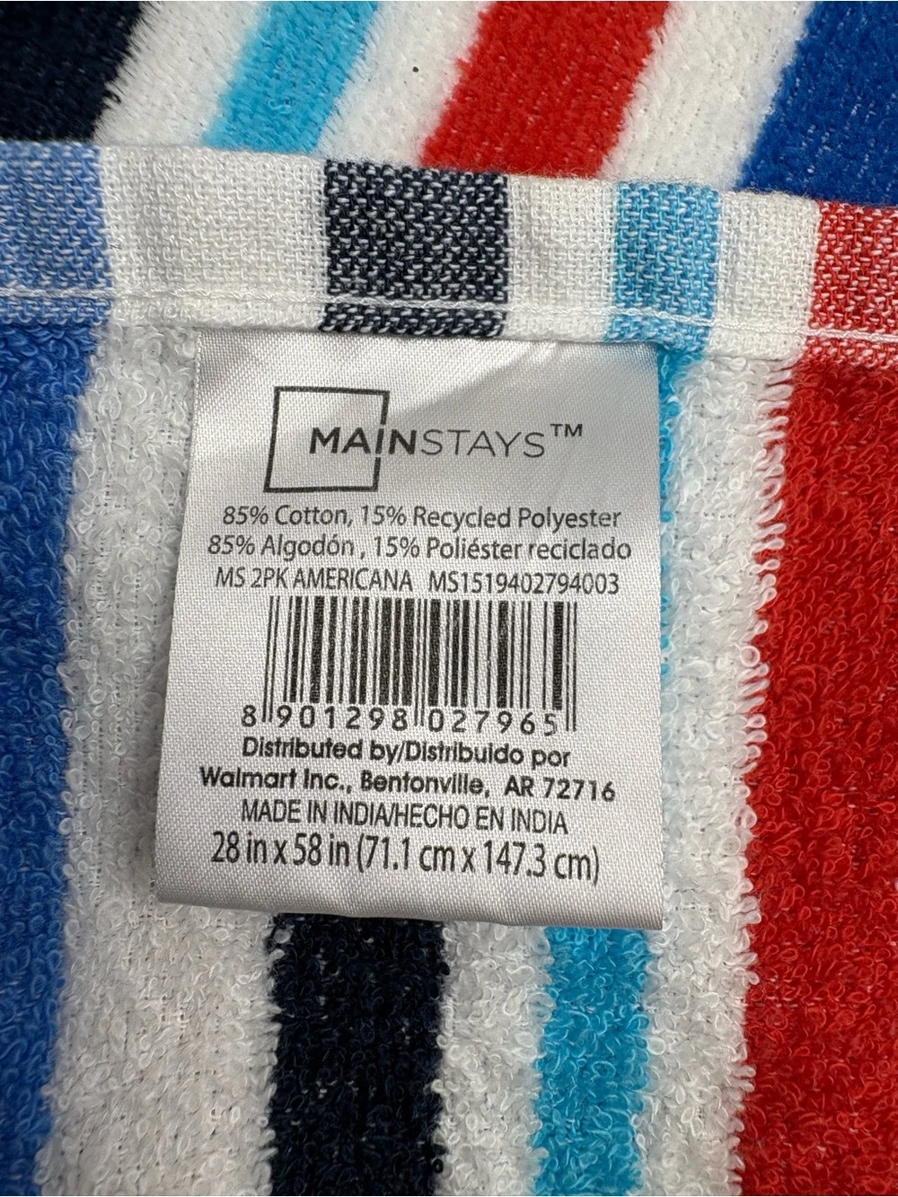 Mainstays Red, Navy, Sky Blue, White & Black Striped Towel
